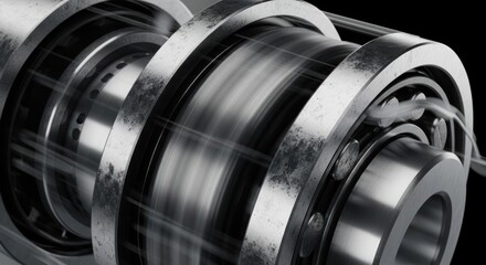 Fototapeta premium Close-up of a spinning metal camshaft with bearing components in motion.