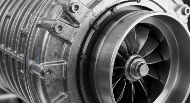 Close-up of a supercharger turbine and housing, industrial machinery detail.