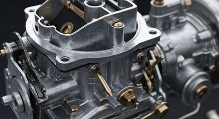 Fototapeta premium Close-up of a vintage automotive carburetor on a dark background.