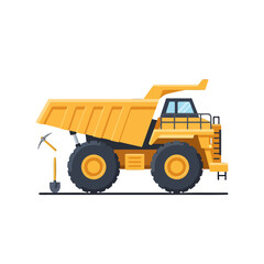 A large yellow mining dump truck stands next to a shovel and a pickaxe © dania