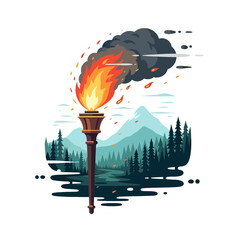 A bright flaming torch stands before a mountain forest landscape © Firza