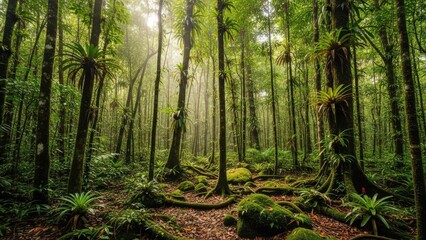Fototapeta premium Lush green tropical rainforest with morning sunlight rays