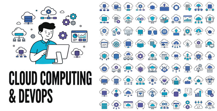 Cloud computing and DevOps icon set, flat line vector collection for network infrastructure, data storage and software development services