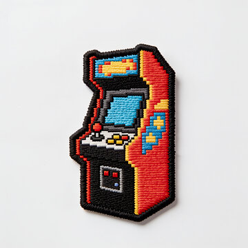 Embroidered retro arcade machine patch isolated on white background.