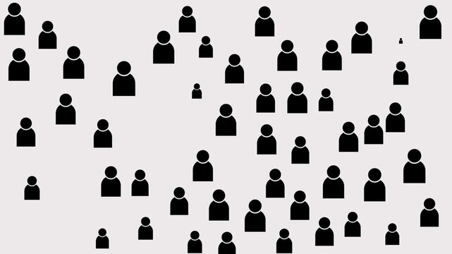 Numerous simplified black human figure scattered randomly across a pale, neutral light gray background, representing a crowd or social network concept