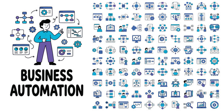 Business automation vector icon set, digital workflow optimization symbols, corporate management process illustrations, 100 flat line icons for software development
