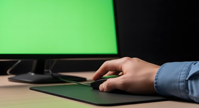 Close-up of a hand using a computer mouse with a green screen monitor.