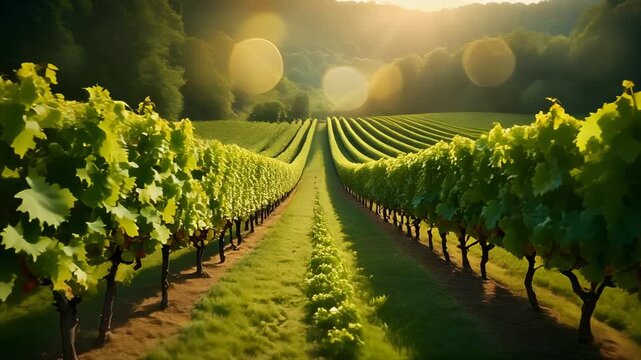 Golden Sunlight Over Lush Green Vineyard Rows 4K Generative AI
