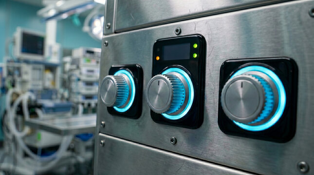 Hospital control panel with glowing rotary knobs and digital display, showcasing advanced medical technology, precision engineering, and modern monitoring equipment in healthcare settings.