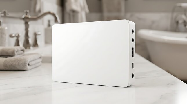 Blank white electronic gaming capture card mockup device standing on marble bathroom counter for streaming tech presentation