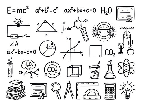 Hand drawn doodle set of science and education symbols.