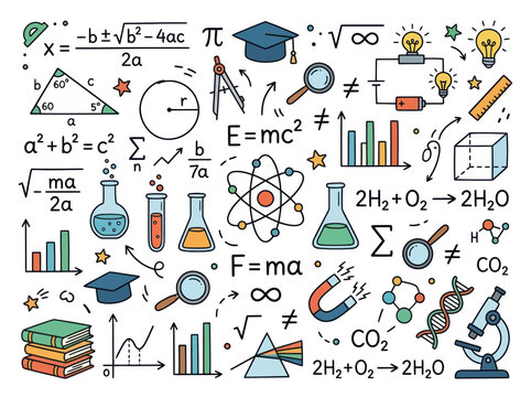 Science and Math Doodle Set with Formulas and Equipment.