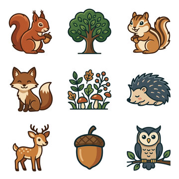 Forest animals and trees icons.