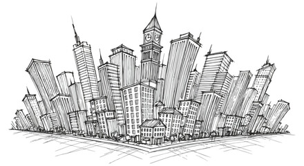 Fototapeta premium Illustration of a modern city skyline with skyscrapers and high-rise buildings in a urban landscape