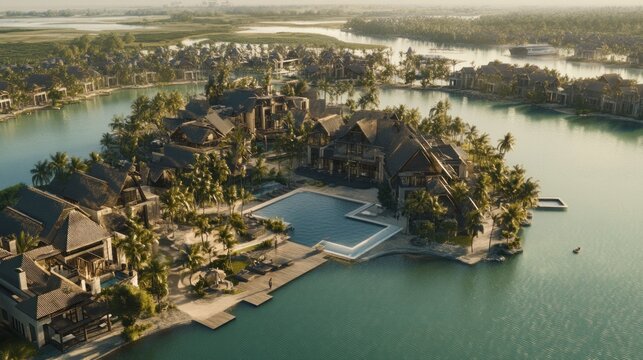 Luxurious resort complex situated on a secluded island.