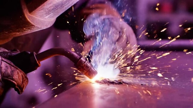 A close-up of a welding process with sparks flying around