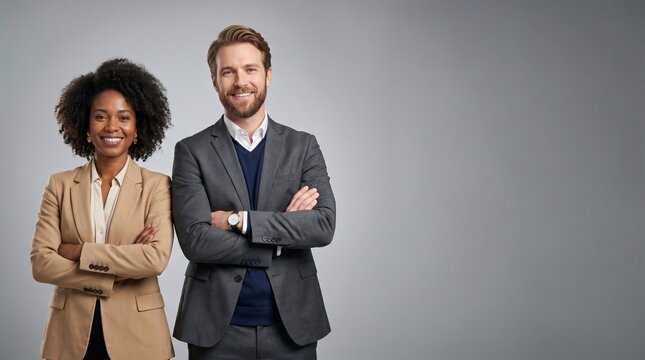 A smiling business couple, a man and a woman, stand with arms crossed against a plain gray backdrop