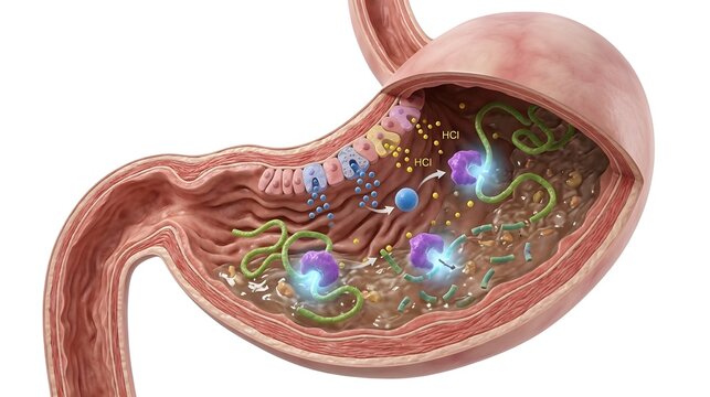 Pepsin Enzyme Breaking Down Protein in Human Stomach Medical Illustration