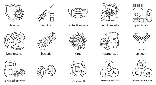 Immune system icons, health symbols, medical signs, wellness graphics, 20 line icons