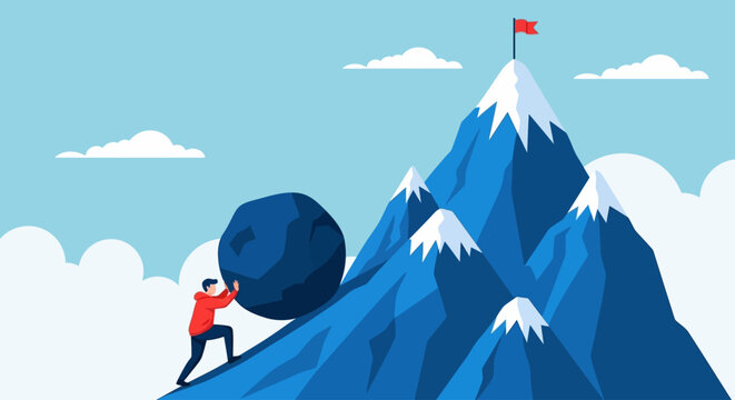 Businessman pushing boulder up mountain, challenge and perseverance concept, goal achievement, success and determination