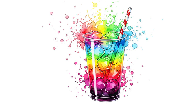 Colorful drink, rainbow splash, ice cubes, straw, vibrant beverage, vector illustration