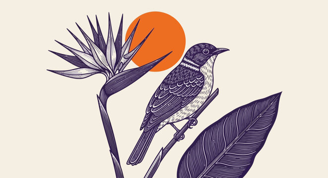 Bird, tropical, illustration, purple, orange, floral, vector graphics