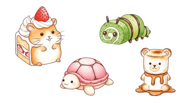 Cute animal and dessert fusion watercolor illustration set.