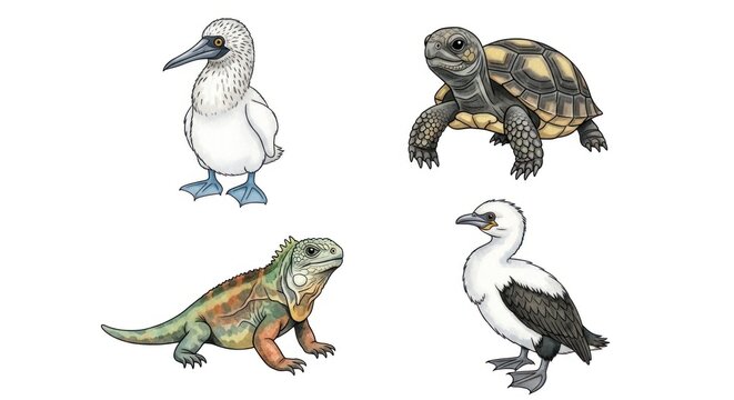 Galapagos wildlife set with booby and tortoise.