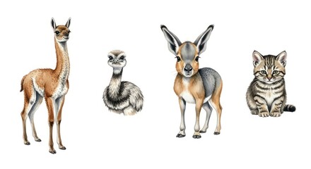 Fototapeta premium Llama rhea mara and kitten watercolor animal collection.