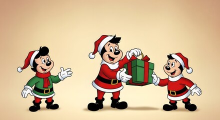 Fototapeta premium Cartoon christmas elves characters with gift box