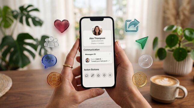 Hands holding smartphone with social media icons floating around