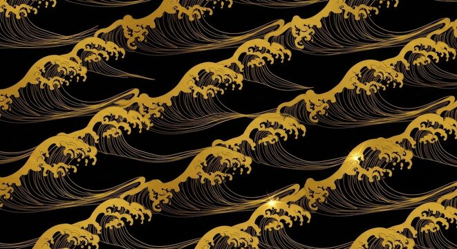 Golden japanese wave pattern background with traditional artistic sea elements sumi e japanese