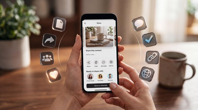 Hands holding smartphone with social media sharing options on screen