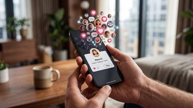 Hands holding smartphone with social media profile