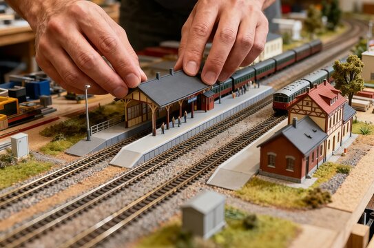 First person view of hands arranging miniature train station elements on a detailed diorama, showcasing model railway craftsmanship, creative design, and hobbyist scale modeling.