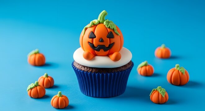 Cute halloween pumpkin cupcake on blue background