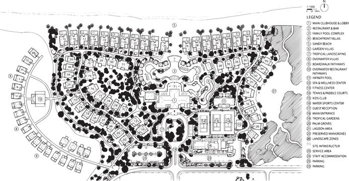  Residential Subdivision Landscape Site Plan with Curved Roads and Housing