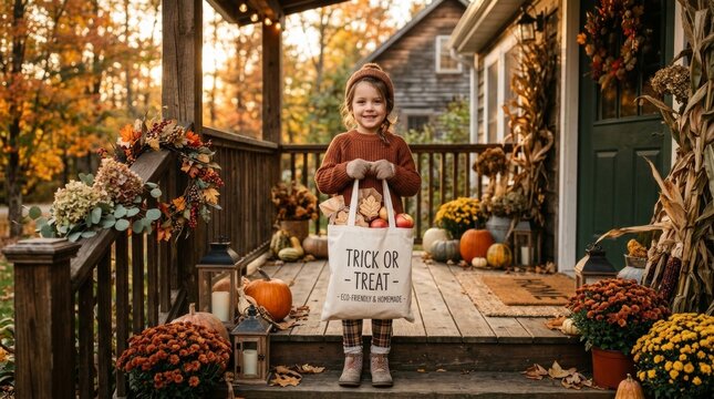 Little girl holding trick or treat bag on front porch decorated for Halloween. Child enjoying autumn season celebration with pumpkins and harvest decor. Fall holiday childhood lifestyle.