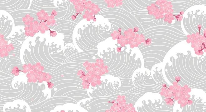 Japanese wave pattern with pink cherry blossoms floral background japanese traditional oriental