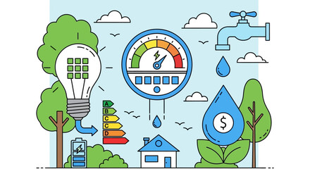 Fototapeta premium Eco friendly icons, sustainable living symbols, green energy illustrations, environmental conservation graphics