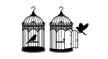 Birdcages, black and white illustration, freedom concept, bird flying out © Adam