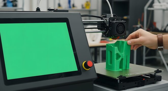 Close-up of a hand interacting with a 3D printer and its green screen interface.