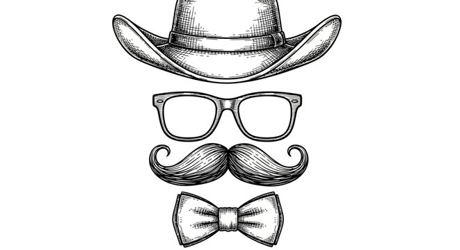 Vintage, hand-drawn, facial features, accessories, cowboy hat, glasses, mustache, bow tie, illustration set