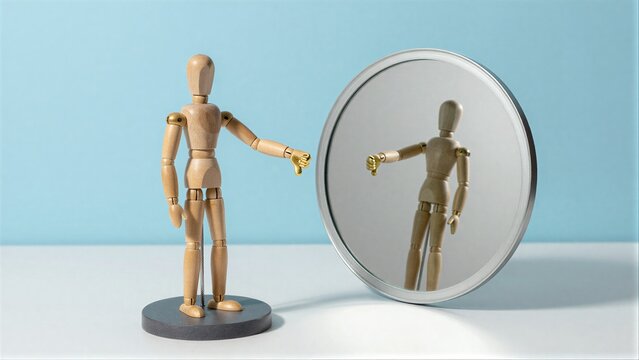 Wooden figure gives thumbs down to its mirrored reflection, symbolizing self-doubt or rejection.