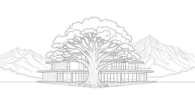 Modern multi-level building with a large tree in front, mountains in background