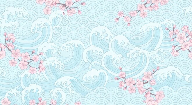 Seamless japanese wave and cherry blossom pattern with seamless traditional illustration oriental
