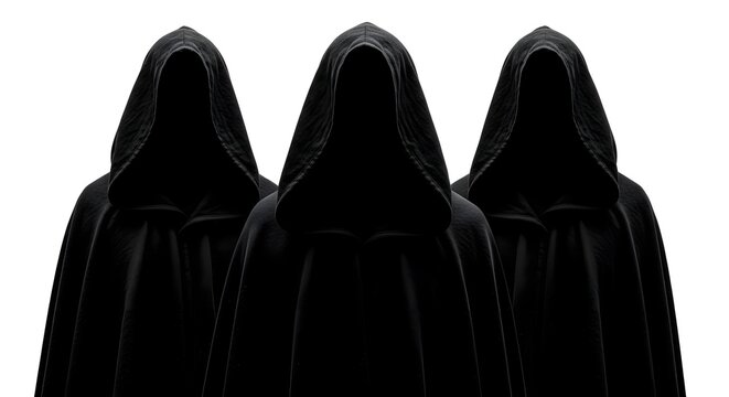 Three mysterious figures in black hooded cloaks isolated on white background