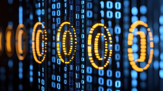 Binary code, digital data stream, technology background, server room, cybersecurity