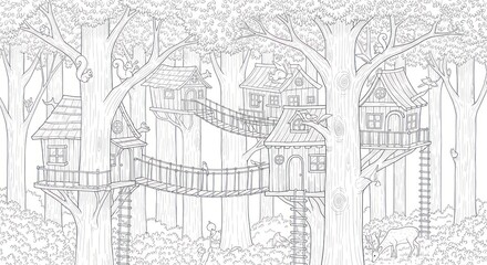 Naklejka premium Line drawing of a whimsical treehouse village amid large trees with bridges and multiple platforms