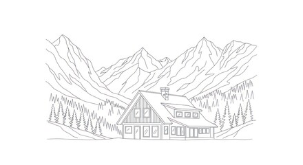 Fototapeta premium Line drawing of mountains backdrop with alpine house and forest